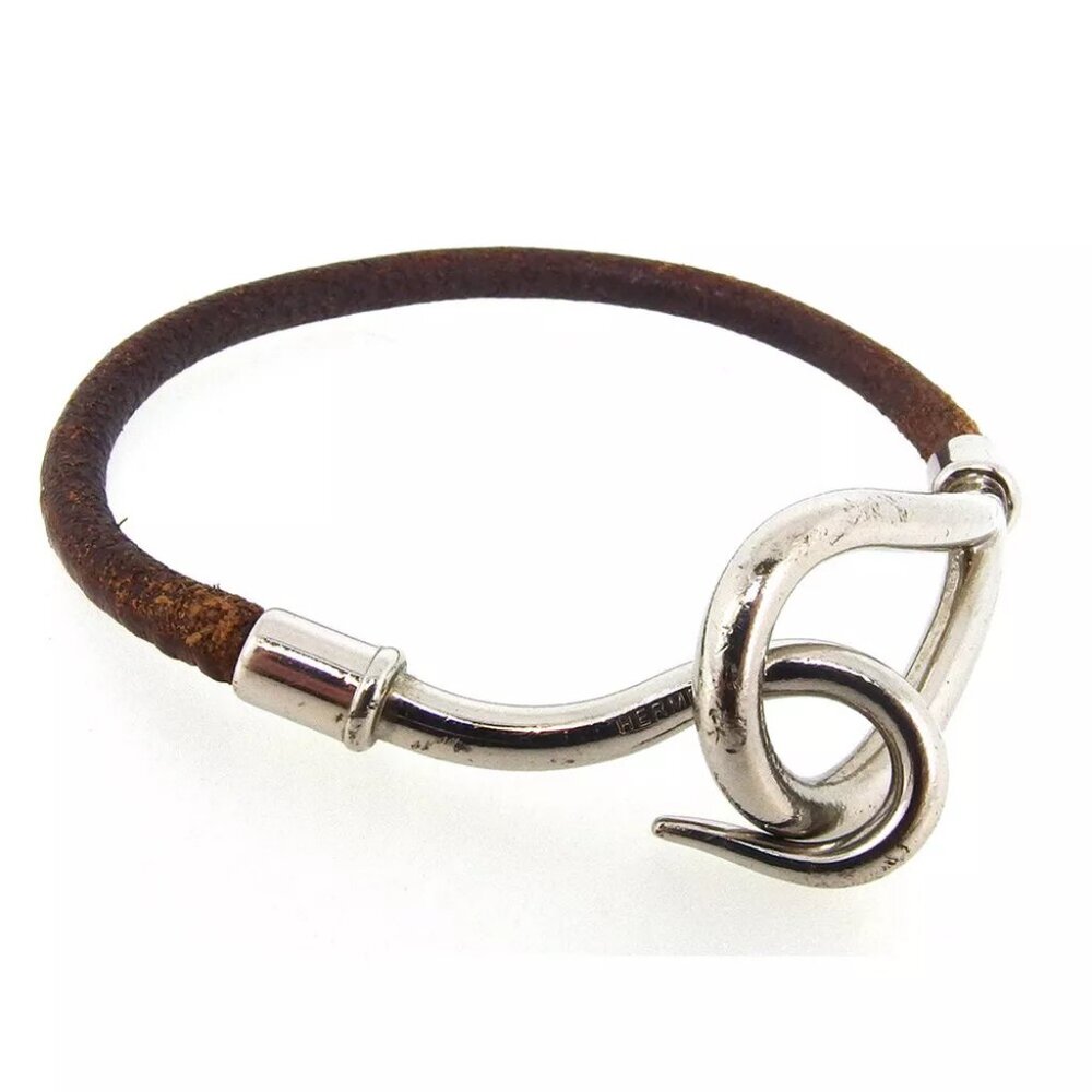HERMES bracelet leather ?~ Silver Material Authentic used T16597